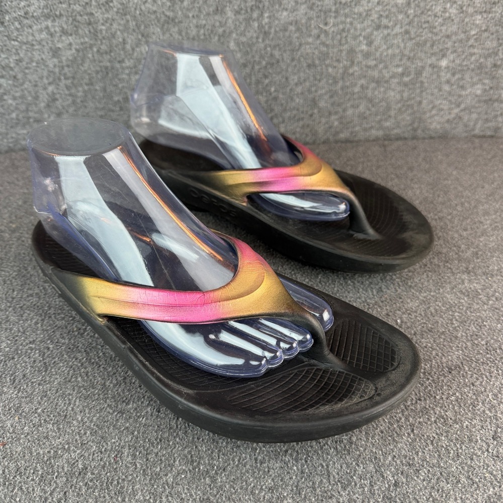 OOFOS OOlala Luxe Sandal Womens 10 Black Pink Gold Ombre Recovery Flip Flop Foam